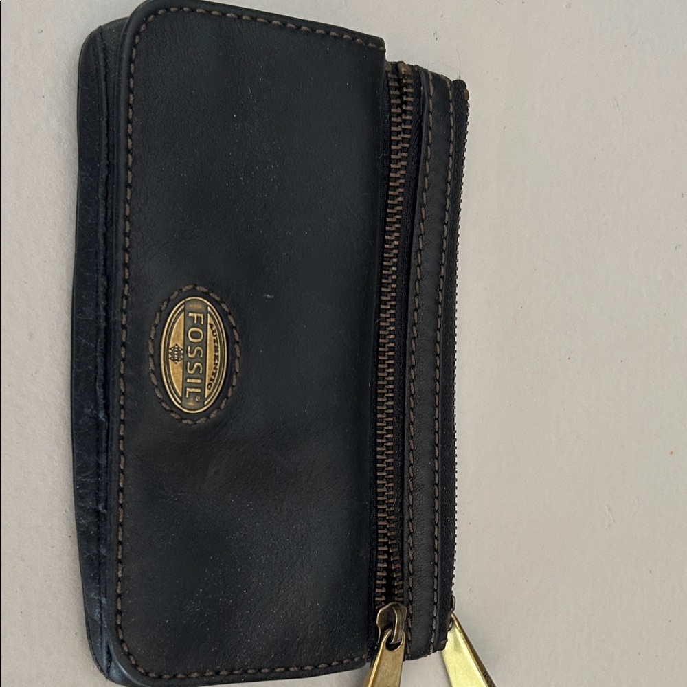 Fossil Black Leather Card Holder with Gold Zipper
